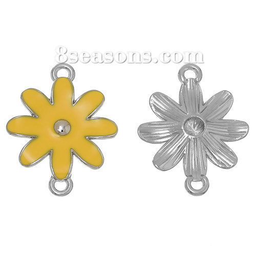 Immagine di Lega di Zinco Connettore Accessori Fiore Tono Argento Giallo Smalto 30mm x 24mm, 1 Pz