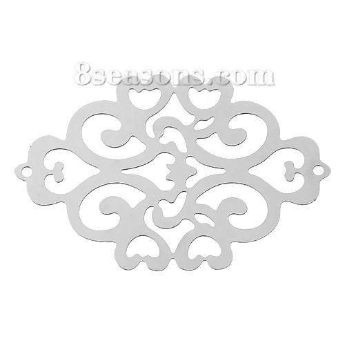 Picture of 304 Stainless Steel Filigree Stamping Connectors Findings Rhombus Silver Tone Heart Pattern Hollow 49mm(1 7/8") x 33mm(1 2/8"), 1 Piece