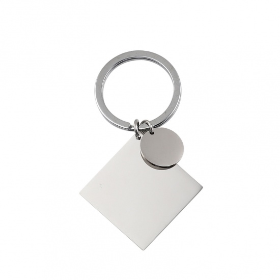 Picture of Stainless Steel Blank Stamping Tags Keychain & Keyring Silver Tone Rhombus Round Mirror Polishing 73mm, 1 Piece
