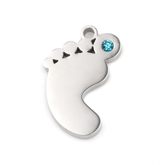 Picture of 304 Stainless Steel Birthstone Charms Silver Tone Feet March Light Blue Rhinestone 21mm x 14mm, 1 Piece
