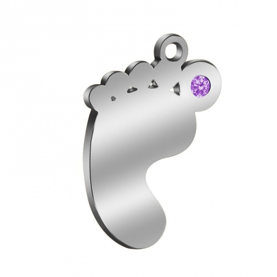 Picture of 304 Stainless Steel Birthstone Charms Silver Tone Feet February Purple Rhinestone 21mm x 14mm, 1 Piece