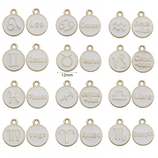 Picture of Zinc Based Alloy Charms Round Gold Plated White Constellation Enamel 12mm Dia., 1 Set ( 12 PCs/Set)