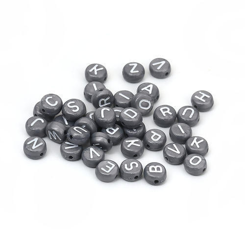 Picture of Acrylic Beads Round Capital Alphabet/ Letter Silver-gray At Random Pattern About 7mm Dia., Hole: Approx 1.1mm, 500 PCs