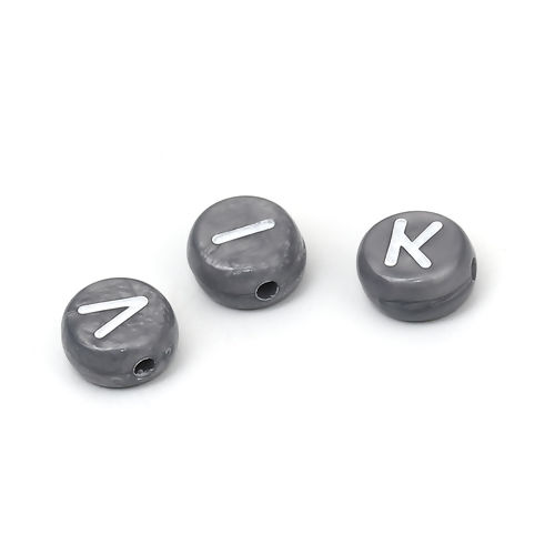 Picture of Acrylic Beads Round Capital Alphabet/ Letter Silver-gray At Random Pattern About 7mm Dia., Hole: Approx 1.1mm, 500 PCs