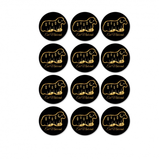 Picture of Black - 1# Paper Round Printed Muslim Eid Mubarak Stickers 3cm Dia., 12 PCs