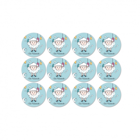 Picture of Light Blue - 8# Paper Round Printed Muslim Eid Mubarak Stickers 3cm Dia., 12 PCs
