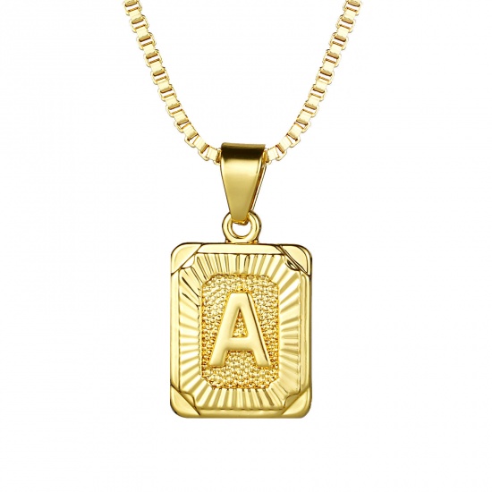 Immagine di Rettangolo Lettera Maiuscola Messaggio " A " Collana con Ciondolo All'Ingrosso, 24K Vero Oro Placcato Ottone Catena a Casella, Donne Ecologico Squisito Elegante Regalo Gioielli Per Rivenditore, 55.5cm - 55cm Lunghezza, 1 Pz