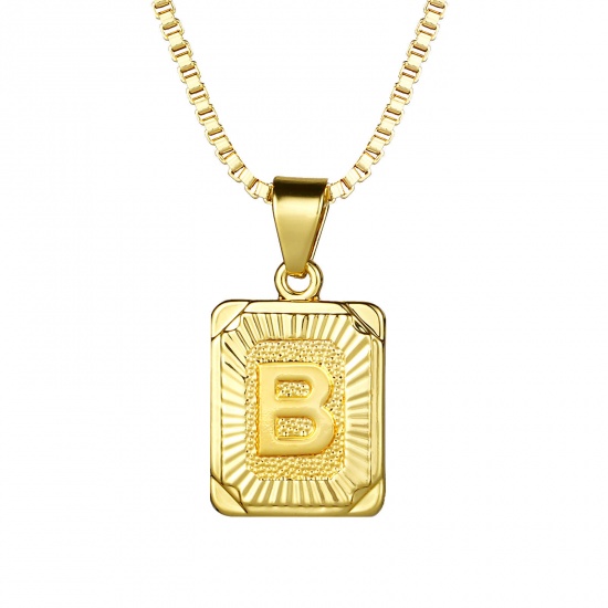 Immagine di Rettangolo Lettera Maiuscola Messaggio " B " Collana con Ciondolo All'Ingrosso, 24K Vero Oro Placcato Ottone Catena a Casella, Donne Ecologico Squisito Elegante Regalo Gioielli Per Rivenditore, 55.5cm - 55cm Lunghezza, 1 Pz