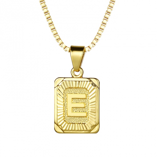 Immagine di Rettangolo Lettera Maiuscola Messaggio " E " Collana con Ciondolo All'Ingrosso, 24K Vero Oro Placcato Ottone Catena a Casella, Donne Ecologico Squisito Elegante Regalo Gioielli Per Rivenditore, 55.5cm - 55cm Lunghezza, 1 Pz