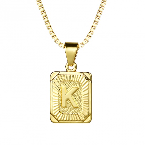 Immagine di Rettangolo Lettera Maiuscola Messaggio " K " Collana con Ciondolo All'Ingrosso, 24K Vero Oro Placcato Ottone Catena a Casella, Donne Ecologico Squisito Elegante Regalo Gioielli Per Rivenditore, 55.5cm - 55cm Lunghezza, 1 Pz
