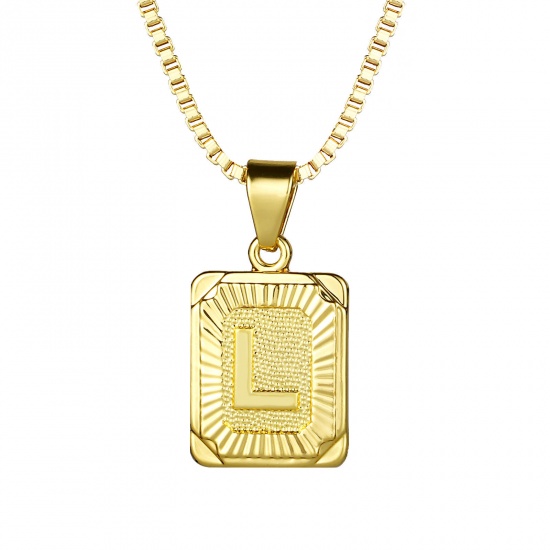Immagine di Rettangolo Lettera Maiuscola Messaggio " L " Collana con Ciondolo All'Ingrosso, 24K Vero Oro Placcato Ottone Catena a Casella, Donne Ecologico Squisito Elegante Regalo Gioielli Per Rivenditore, 55.5cm - 55cm Lunghezza, 1 Pz