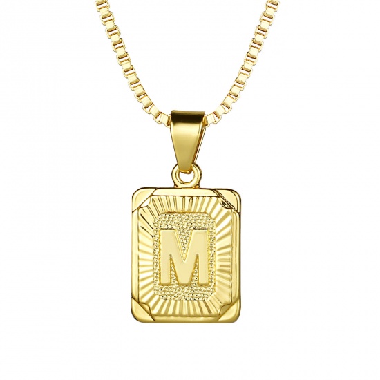 Immagine di Rettangolo Lettera Maiuscola Messaggio " M " Collana con Ciondolo All'Ingrosso, 24K Vero Oro Placcato Ottone Catena a Casella, Donne Ecologico Squisito Elegante Regalo Gioielli Per Rivenditore, 55.5cm - 55cm Lunghezza, 1 Pz