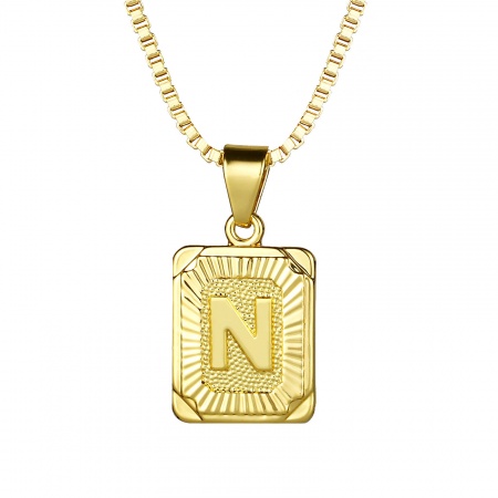 卸売り 長方形 キャピタルレター 文字「 N 」 ペンダントネックレス、 24Kリアルゴールドメッキ 真鍮 ボックスチェーン、 レディース エコフレンドリー 素敵 ファッション おしゃれ プレゼント小売宝飾 55.5cm - 55cm長さ、 1 本 の画像