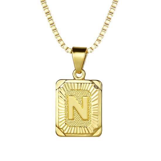 Immagine di Rettangolo Lettera Maiuscola Messaggio " N " Collana con Ciondolo All'Ingrosso, 24K Vero Oro Placcato Ottone Catena a Casella, Donne Ecologico Squisito Elegante Regalo Gioielli Per Rivenditore, 55.5cm - 55cm Lunghezza, 1 Pz