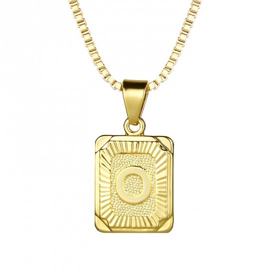 Immagine di Rettangolo Lettera Maiuscola Messaggio " O " Collana con Ciondolo All'Ingrosso, 24K Vero Oro Placcato Ottone Catena a Casella, Donne Ecologico Squisito Elegante Regalo Gioielli Per Rivenditore, 55.5cm - 55cm Lunghezza, 1 Pz