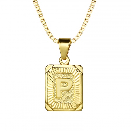 Immagine di Rettangolo Lettera Maiuscola Messaggio " P " Collana con Ciondolo All'Ingrosso, 24K Vero Oro Placcato Ottone Catena a Casella, Donne Ecologico Squisito Elegante Regalo Gioielli Per Rivenditore, 55.5cm - 55cm Lunghezza, 1 Pz