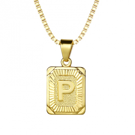 Immagine di Rettangolo Lettera Maiuscola Messaggio " P " Collana con Ciondolo All'Ingrosso, 24K Vero Oro Placcato Ottone Catena a Casella, Donne Ecologico Squisito Elegante Regalo Gioielli Per Rivenditore, 55.5cm - 55cm Lunghezza, 1 Pz