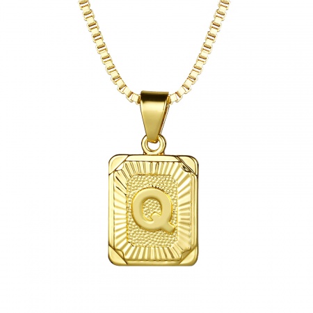 Immagine di Rettangolo Lettera Maiuscola Messaggio " Q " Collana con Ciondolo All'Ingrosso, 24K Vero Oro Placcato Ottone Catena a Casella, Donne Ecologico Squisito Elegante Regalo Gioielli Per Rivenditore, 55.5cm - 55cm Lunghezza, 1 Pz
