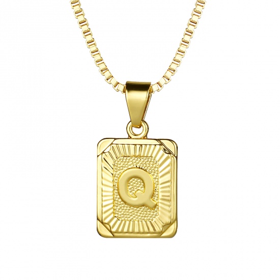 Immagine di Rettangolo Lettera Maiuscola Messaggio " Q " Collana con Ciondolo All'Ingrosso, 24K Vero Oro Placcato Ottone Catena a Casella, Donne Ecologico Squisito Elegante Regalo Gioielli Per Rivenditore, 55.5cm - 55cm Lunghezza, 1 Pz