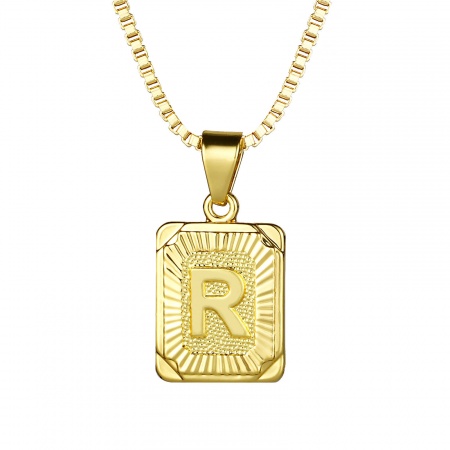 Immagine di Rettangolo Lettera Maiuscola Messaggio " R " Collana con Ciondolo All'Ingrosso, 24K Vero Oro Placcato Ottone Catena a Casella, Donne Ecologico Squisito Elegante Regalo Gioielli Per Rivenditore, 55.5cm - 55cm Lunghezza, 1 Pz