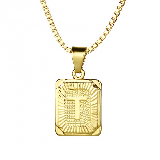 Immagine di Rettangolo Lettera Maiuscola Messaggio " T " Collana con Ciondolo All'Ingrosso, 24K Vero Oro Placcato Ottone Catena a Casella, Donne Ecologico Squisito Elegante Regalo Gioielli Per Rivenditore, 55.5cm - 55cm Lunghezza, 1 Pz