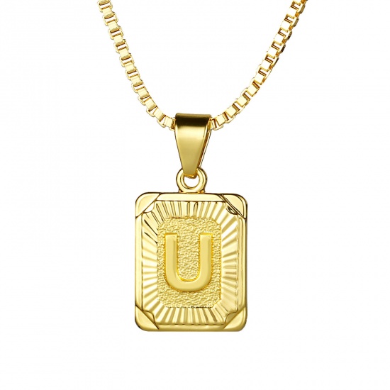 Immagine di Rettangolo Lettera Maiuscola Messaggio " U " Collana con Ciondolo All'Ingrosso, 24K Vero Oro Placcato Ottone Catena a Casella, Donne Ecologico Squisito Elegante Regalo Gioielli Per Rivenditore, 55.5cm - 55cm Lunghezza, 1 Pz