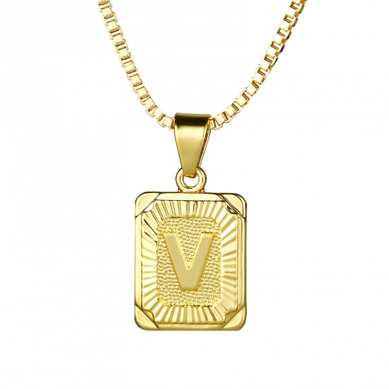 Immagine di Rettangolo Lettera Maiuscola Messaggio " V " Collana con Ciondolo All'Ingrosso, 24K Vero Oro Placcato Ottone Catena a Casella, Donne Ecologico Squisito Elegante Regalo Gioielli Per Rivenditore, 55.5cm - 55cm Lunghezza, 1 Pz