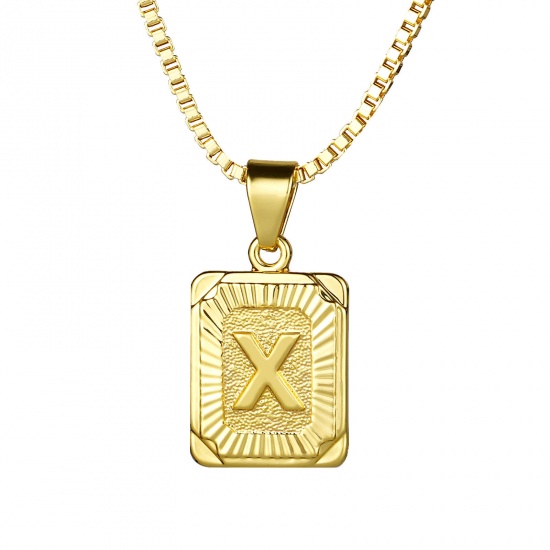 Immagine di Rettangolo Lettera Maiuscola Messaggio " X " Collana con Ciondolo All'Ingrosso, 24K Vero Oro Placcato Ottone Catena a Casella, Donne Ecologico Squisito Elegante Regalo Gioielli Per Rivenditore, 55.5cm - 55cm Lunghezza, 1 Pz