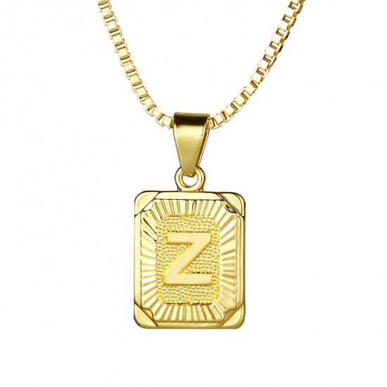 Immagine di Rettangolo Lettera Maiuscola Messaggio " Z " Collana con Ciondolo All'Ingrosso, 24K Vero Oro Placcato Ottone Catena a Casella, Donne Ecologico Squisito Elegante Regalo Gioielli Per Rivenditore, 55.5cm - 55cm Lunghezza, 1 Pz