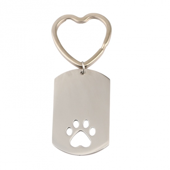 Picture of Stainless Steel Pet Memorial Blank Stamping Tags Keychain & Keyring Silver Tone Heart Paw Claw One-sided Polishing 77mm, 1 Piece
