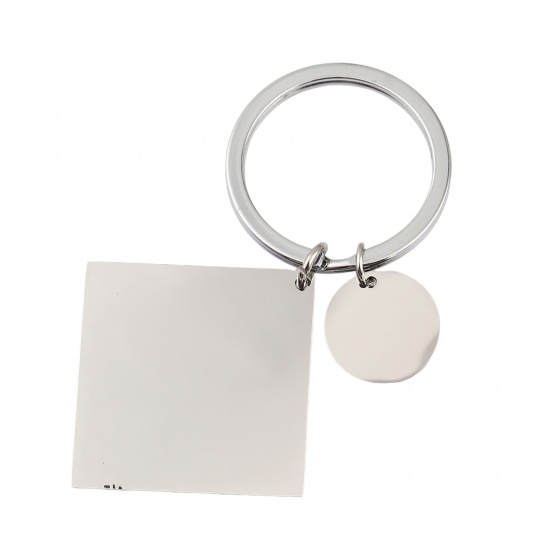 Picture of Stainless Steel Blank Stamping Tags Keychain & Keyring Silver Tone Round Rhombus One-sided Polishing 74mm, 1 Piece