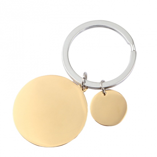 Picture of Stainless Steel Blank Stamping Tags Keychain & Keyring Gold Plated Circle Ring Round One-sided Polishing 65mm, 1 Piece