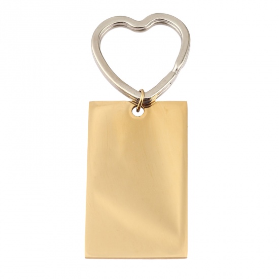 Picture of Stainless Steel Pet Memorial Blank Stamping Tags Keychain & Keyring Gold Plated Heart Rectangle One-sided Polishing 82mm, 1 Piece
