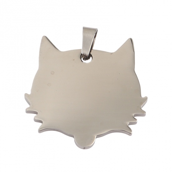 Picture of Stainless Steel Blank Stamping Tags Pendants Cat Animal Silver Tone One-sided Polishing 34mm x 31mm, 1 Piece