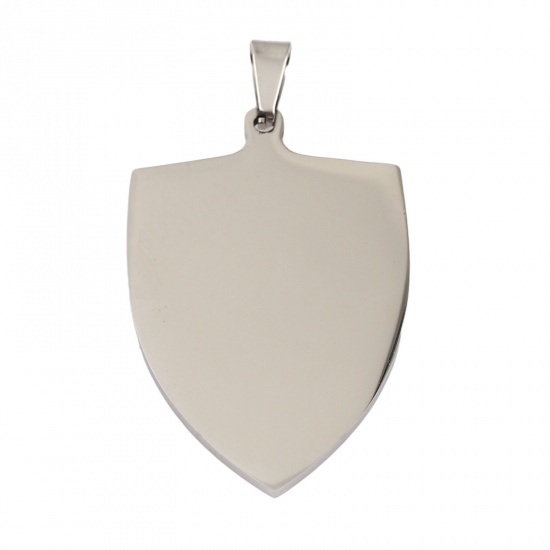 Picture of Stainless Steel Blank Stamping Tags Pendants Shield Silver Tone One-sided Polishing 60mm x 33mm, 1 Piece