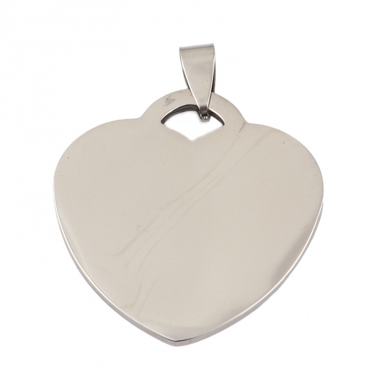 Picture of 1 Piece Stainless Steel Blank Stamping Tags Pendants Heart Silver Tone Double-sided Polishing 43mm x 34mm