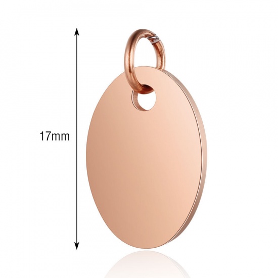 Picture of 201 Stainless Steel Blank Stamping Tags Charms Oval Rose Gold Mirror Polishing 17mm x 10mm, 1 Piece