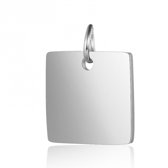 Picture of Stainless Steel Blank Stamping Tags Charms Square Silver Tone Mirror Polishing 15mm x 12mm, 1 Piece