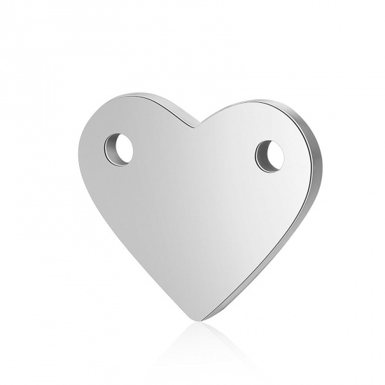 Picture of Stainless Steel Blank Stamping Tags Connectors Charms Pendants Heart Silver Tone Mirror Polishing 12mm x 9mm, 1 Piece
