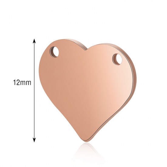 Picture of Stainless Steel Blank Stamping Tags Connectors Charms Pendants Heart Rose Gold Mirror Polishing 12mm x 9mm, 1 Piece