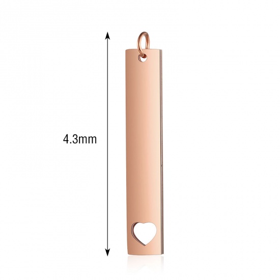 Picture of Stainless Steel Blank Stamping Tags Pendants Rectangle Heart Rose Gold Mirror Polishing 43mm x 7mm, 1 Piece