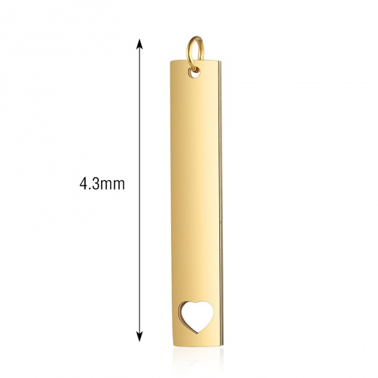 Picture of Stainless Steel Blank Stamping Tags Pendants Rectangle Heart Gold Plated Mirror Polishing 43mm x 7mm, 1 Piece