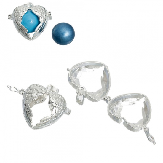 Image de Pendentifs Harmony Ball Ange Balle en Cuivre Cœur Argent Vieilli Ailes Creux (Taille de Perle Compatible: 16mm) 36mm x 28mm, 1 Pièce