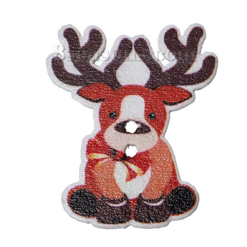 Picture of Natural Wood Sewing Buttons Scrapbooking 2 Holes Christmas Reindeer Multicolor 35mm(1 3/8") x 29mm(1 1/8"), 50 PCs