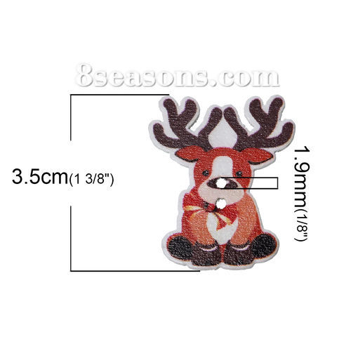 Picture of Natural Wood Sewing Buttons Scrapbooking 2 Holes Christmas Reindeer Multicolor 35mm(1 3/8") x 29mm(1 1/8"), 50 PCs