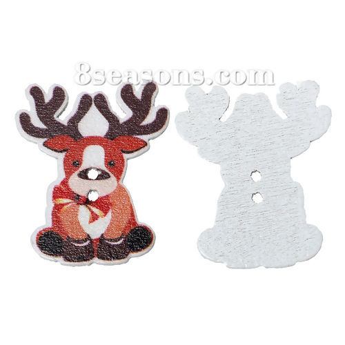 Picture of Natural Wood Sewing Buttons Scrapbooking 2 Holes Christmas Reindeer Multicolor 35mm(1 3/8") x 29mm(1 1/8"), 50 PCs