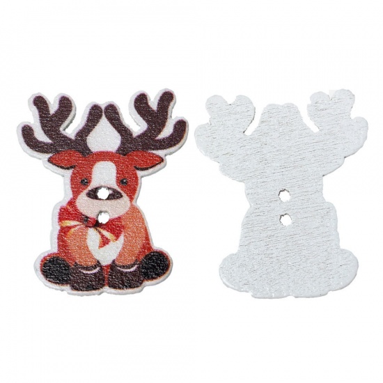 Picture of Natural Wood Sewing Buttons Scrapbooking 2 Holes Christmas Reindeer Multicolor 35mm(1 3/8") x 29mm(1 1/8"), 50 PCs