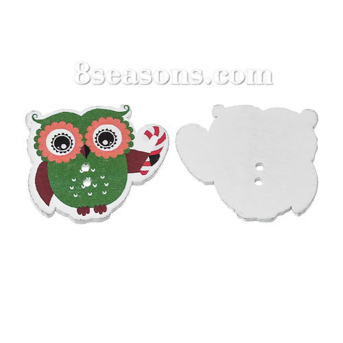 Picture of Wood Sewing Buttons Scrapbooking 2 Holes Owl Multicolor Christmas 34mm(1 3/8") x 30mm(1 1/8"), 50 PCs