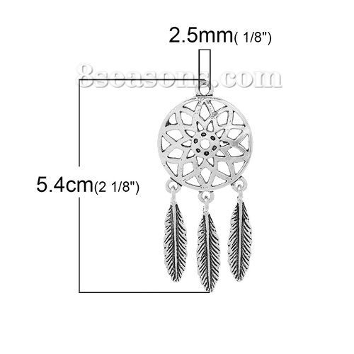 亜鉛合金 チャーム ペンダント ドリームキャッチャー 銀古美 透かし 54mmx 24mm、 5 個 の画像