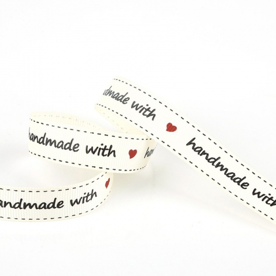 Picture of Polyester Webbing Strap White Message " Hand Made With Love " 16mm, 1 Packet (5 Yards/Packet)